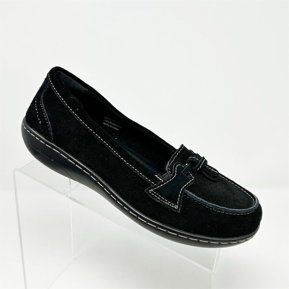 Osslue Women's Black Suede Slip-On Penny Loafers Size 8 Cushioned Insole Tassel